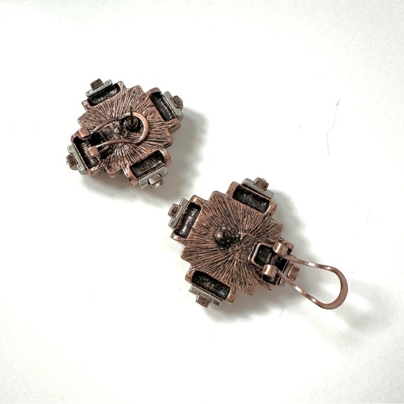 Vintage 80’s Art Deco Great Gatsby Style Earrings Sparkly Mirror Antique Copper - Picture 4 of 6
